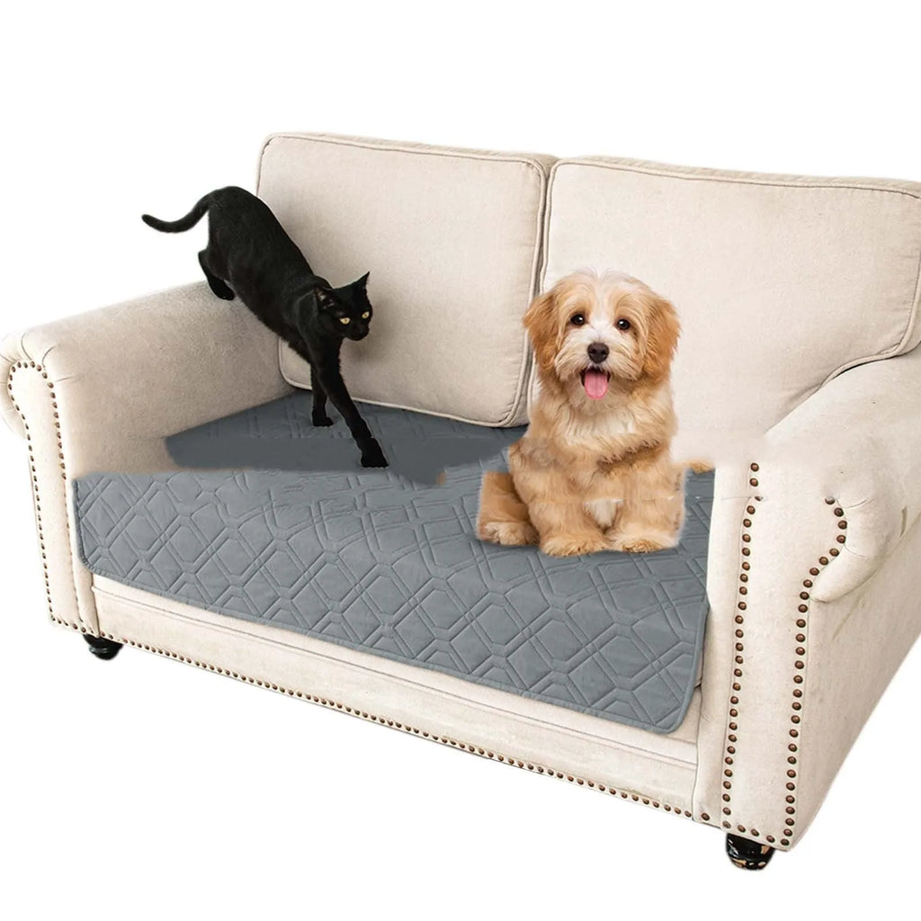 Double-sided waterproof pet sofa cushion with contrast colour panels shown in dark grey and light grey