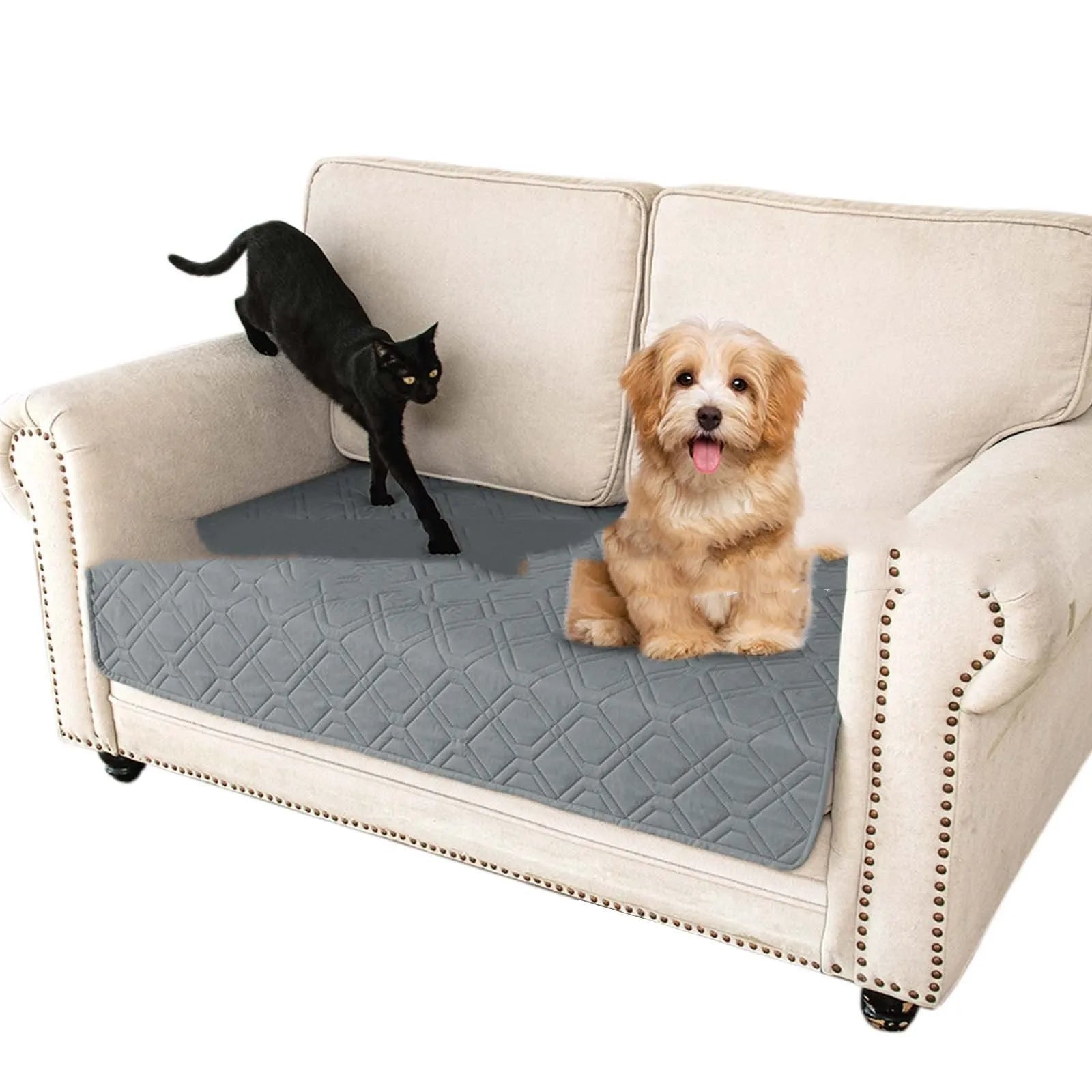 Double-sided waterproof pet sofa cushion with contrast colour panels shown in dark grey and light grey