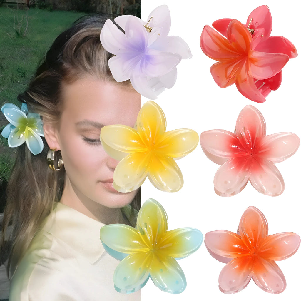 Muweordy plumeria hair claw clip in blue, a decorative flower hair accessory made from plastic and resin.