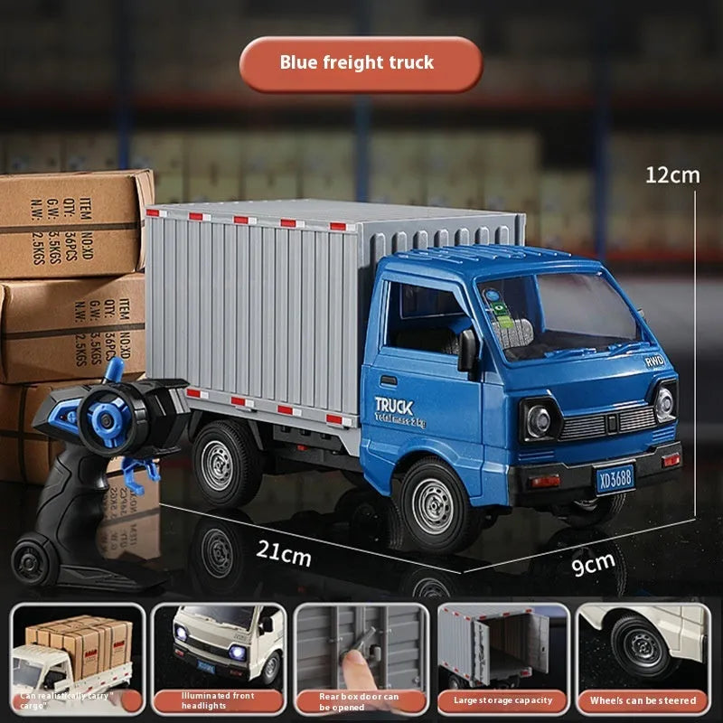 2.4G remote control city truck with spray and sound effect, plastic toy in blue, white, or green for ages 7-14