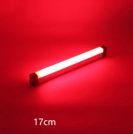 Rechargeable dimmable LED tube light in blue or purple colour showing 17cm, 32cm, and 52cm size options.