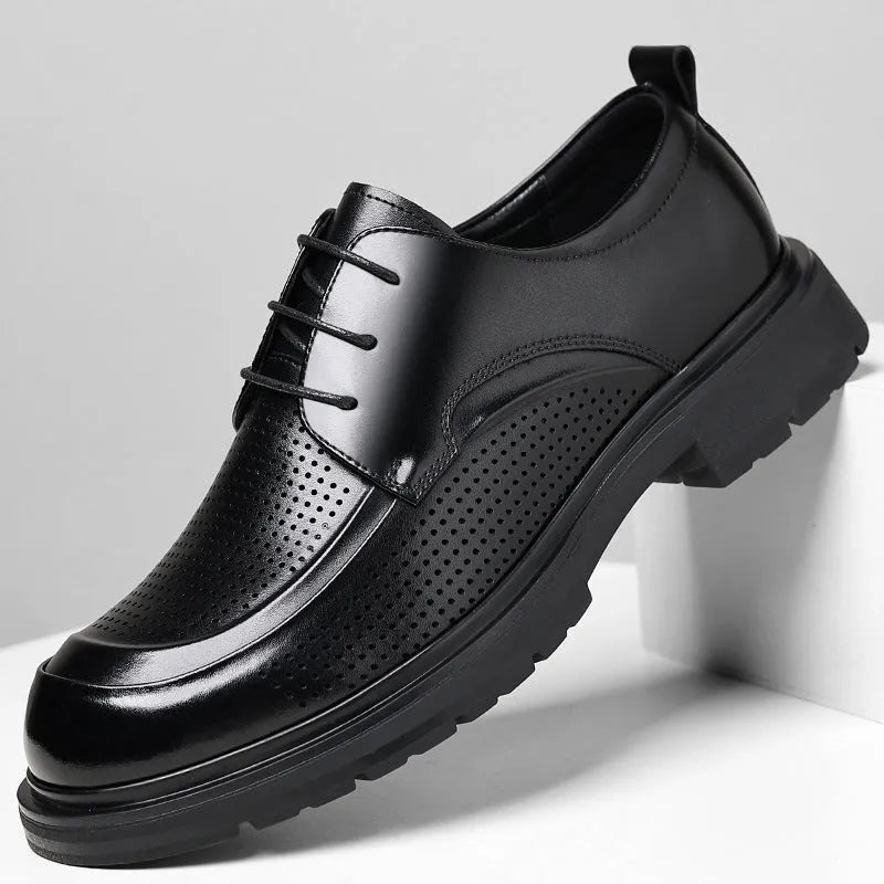 Men's hollow leather low-top business shoes in All Seasons Brown with wedge heel and sewing line detailing