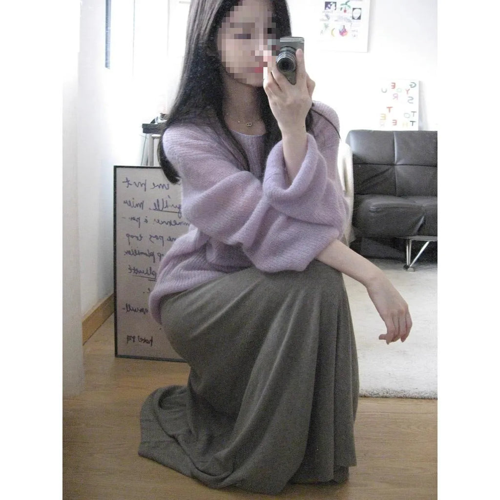 Purple ice silk women's blouse with round neck, princess sleeves, and a hollow-out design
