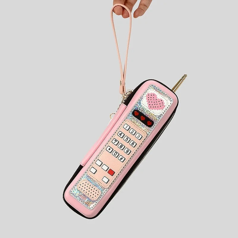 Phone-shaped PU handbag in contrast colour with vertical square form, available in black