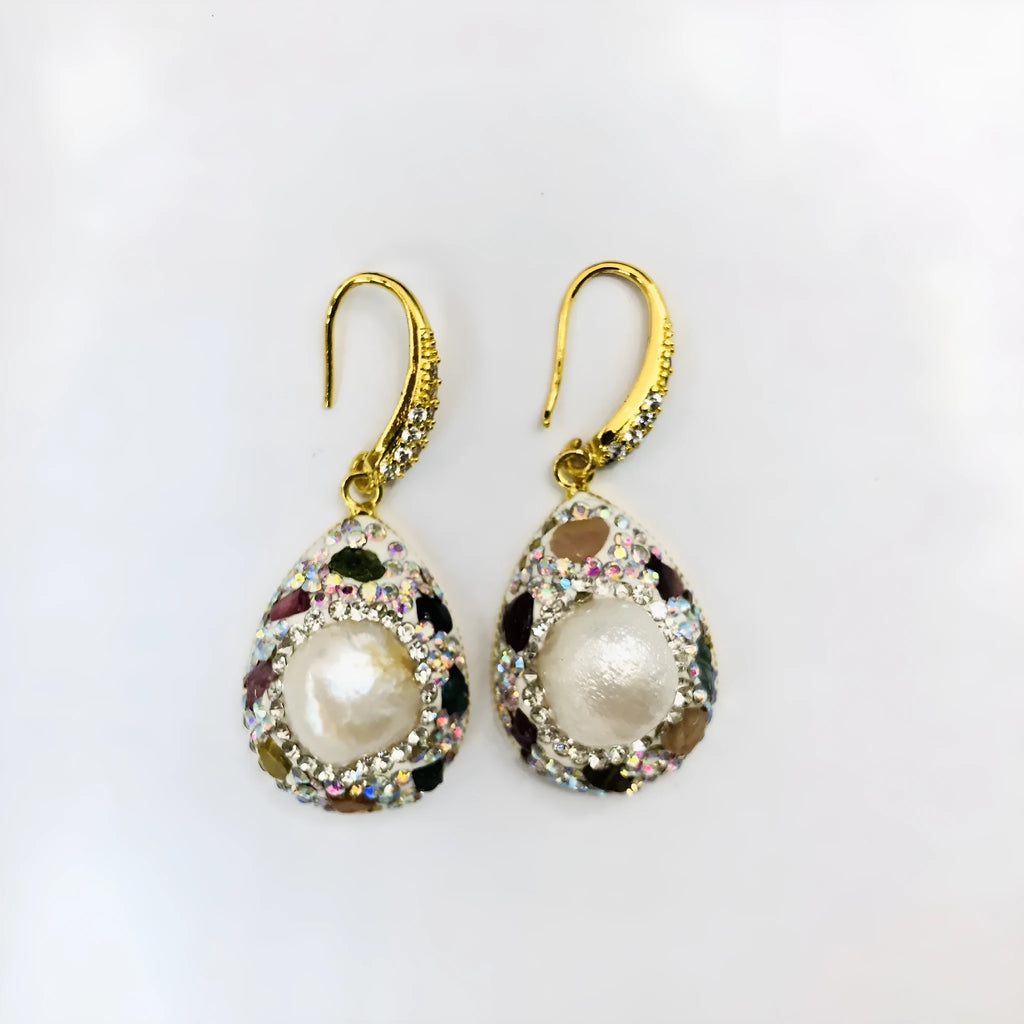 Natural freshwater pearl teardrop copper earrings for women colourful diamond inlay dangle style