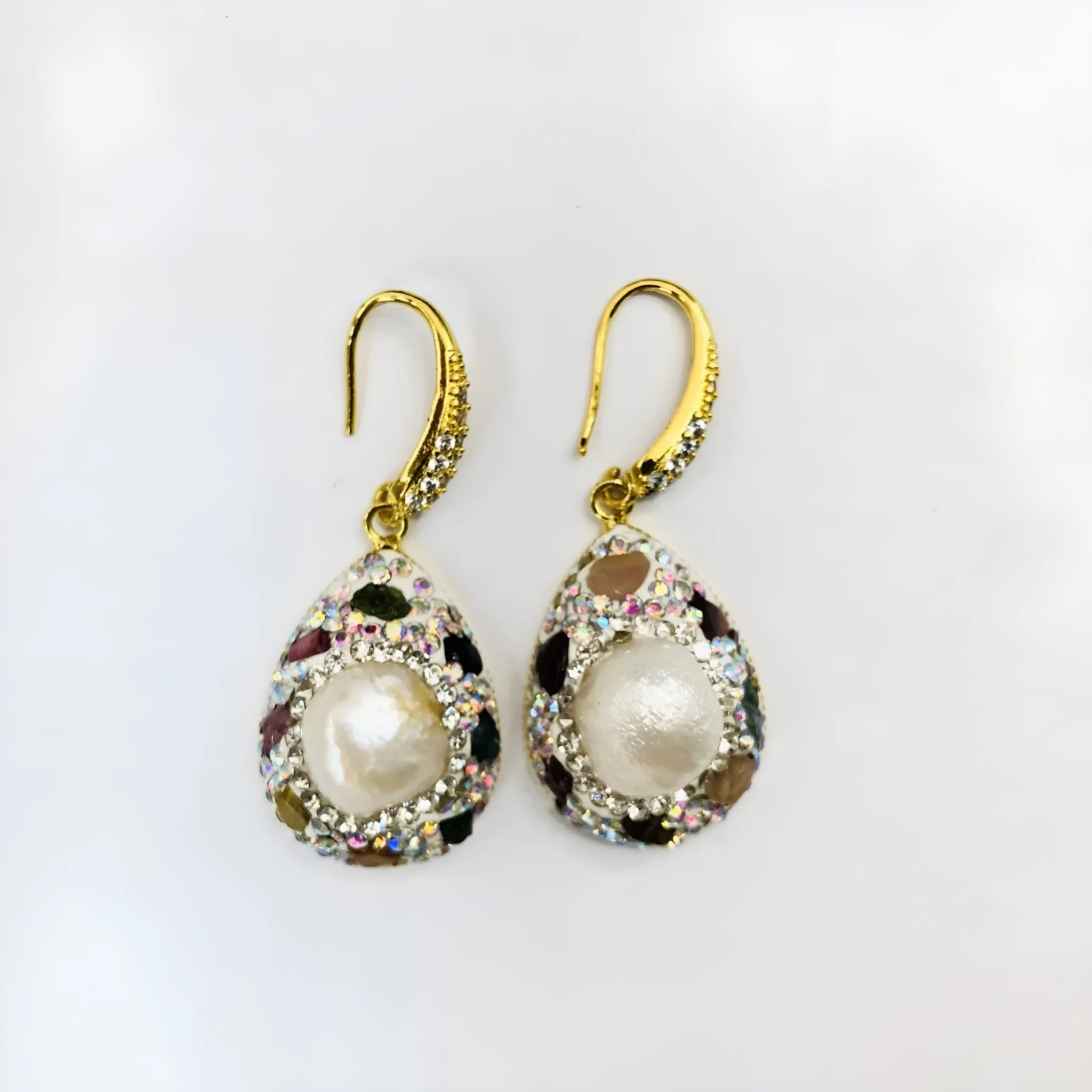 Natural freshwater pearl teardrop copper earrings for women colourful diamond inlay dangle style