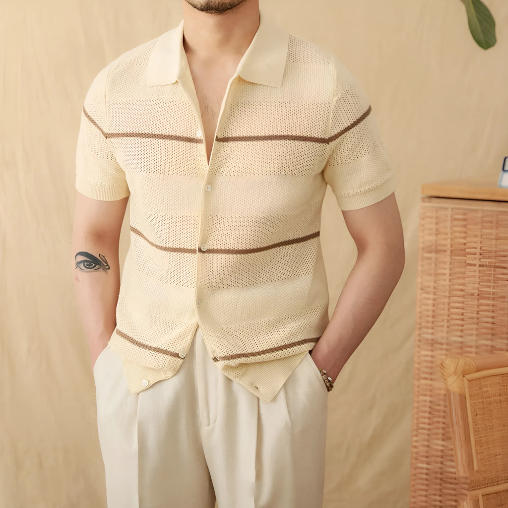 Women's short sleeve knitted cardigan with lapel collar in linen cotton blend fabric