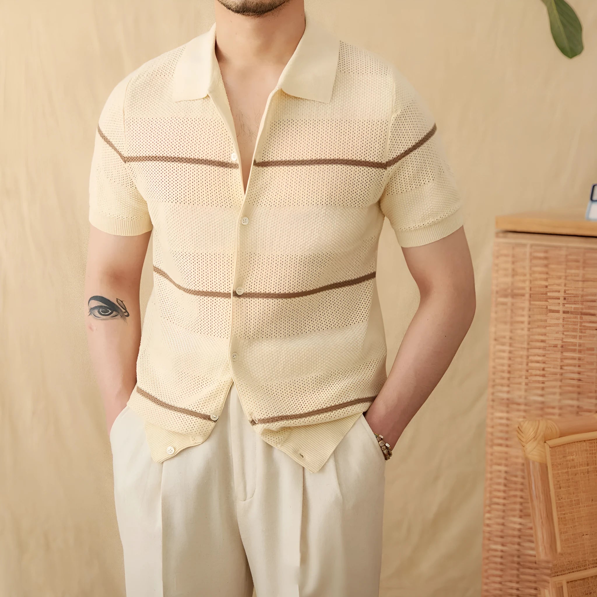 Women's short sleeve knitted cardigan with lapel collar in linen cotton blend fabric