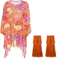 A person wearing a vibrant rainbow tie-dye cloak costume with flared bell sleeves, made from stretchy spandex fabric.