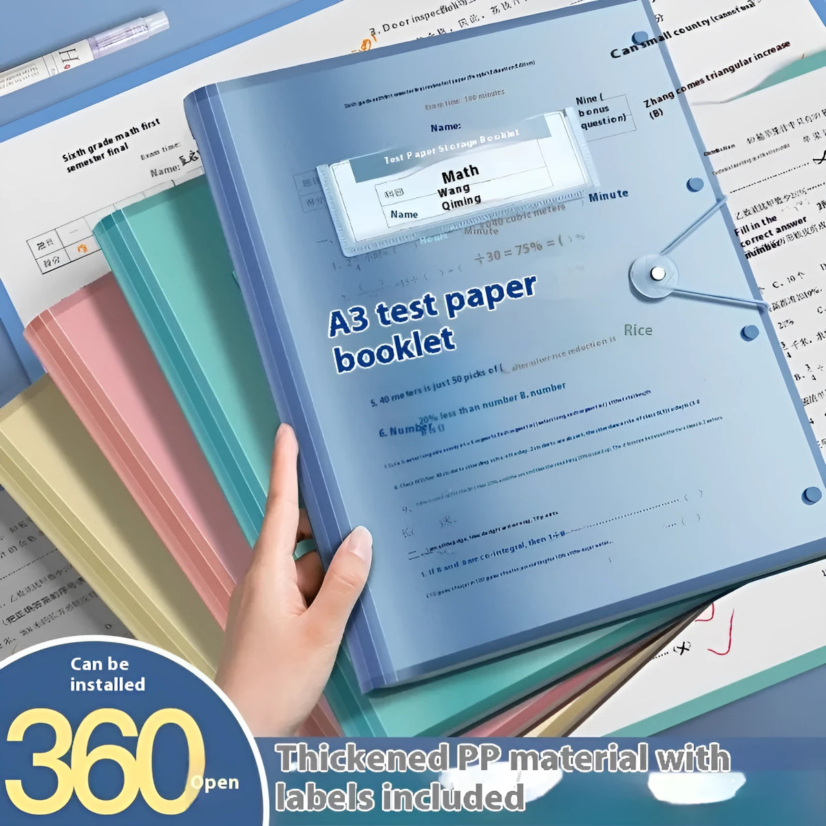 A3 test paper storage bag in translucent PP, multi-layer category folder clip with 0.48mm thickness and 30/40/60 page options.