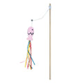 Cat wand toy with wooden handle, colourful ribbons, catnip fish attachment, and bell for interactive play