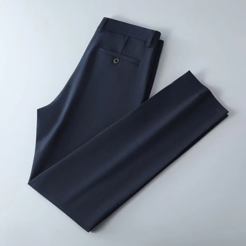 Men's spinning summer business casual trousers in solid colour black, polyester fabric, micro elastic waist, sizes 29-40