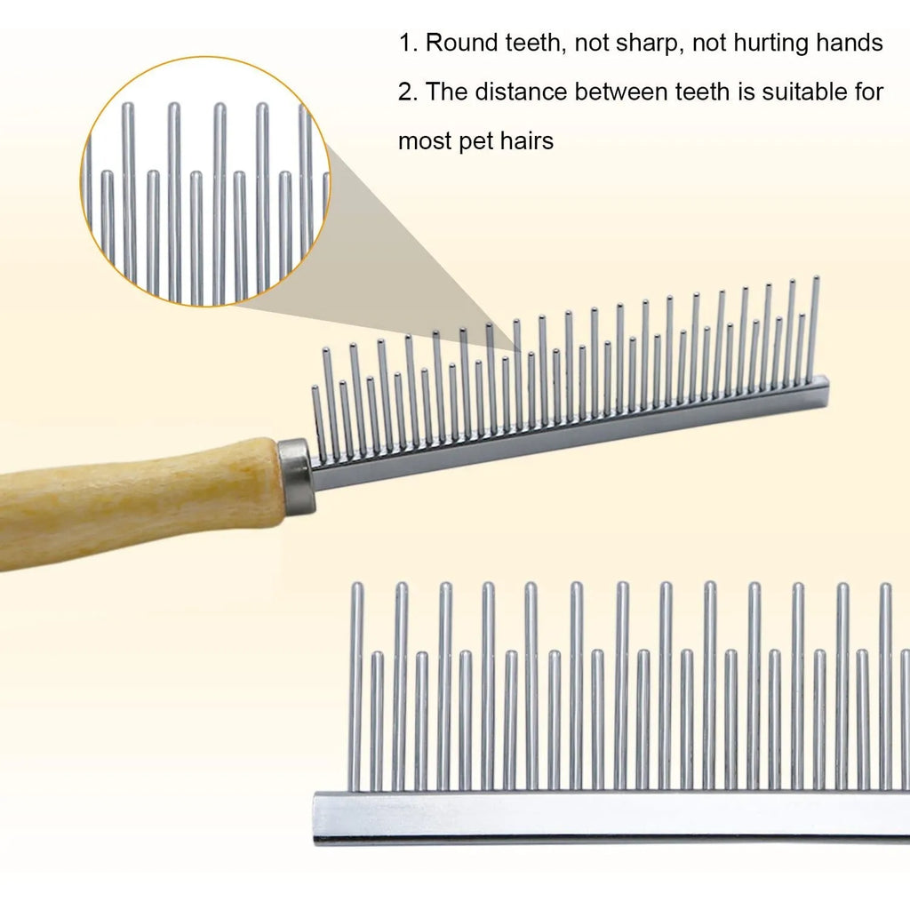 Wooden handle pet grooming comb for dogs and cats with round-tip teeth