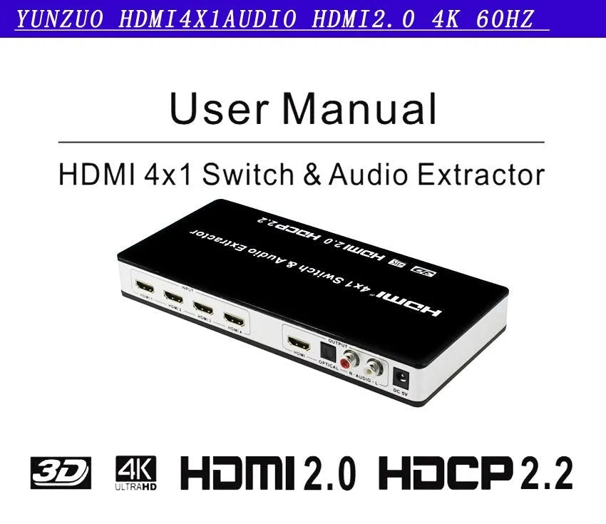 Black HDMI audio separation switch with four inputs and one output, remote control, and UK power adapter