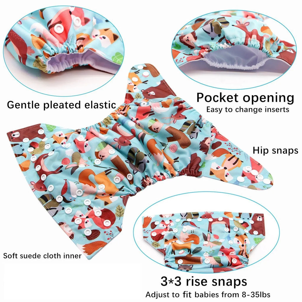 Cartoon printed baby cloth diaper with adjustable one-size buckles and TPU waterproof layer, colour A or B