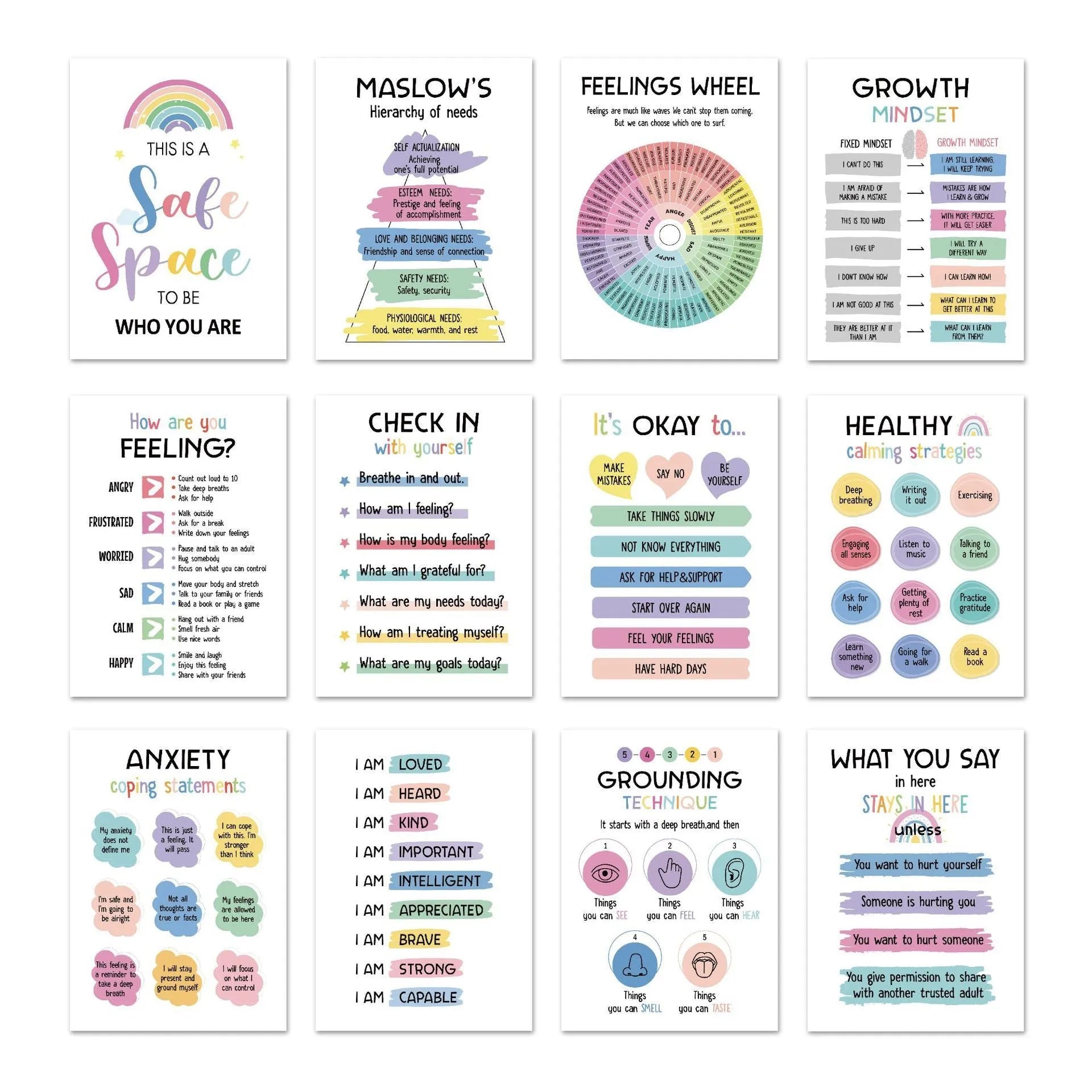 Set of 12 mental health posters on coated paper with bright film finish, 255x355mm each, including glue dots