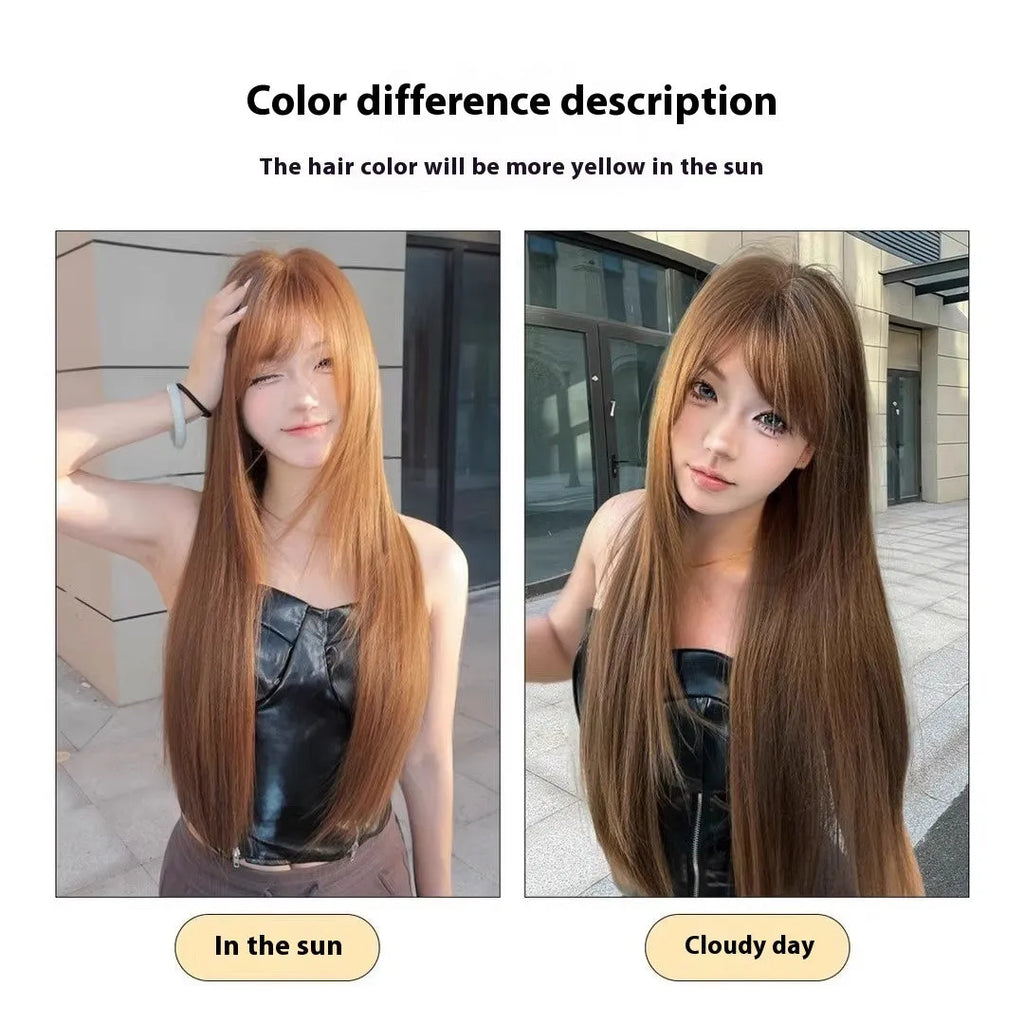 Long straight brown wig with fringe made from high-temperature fibre material