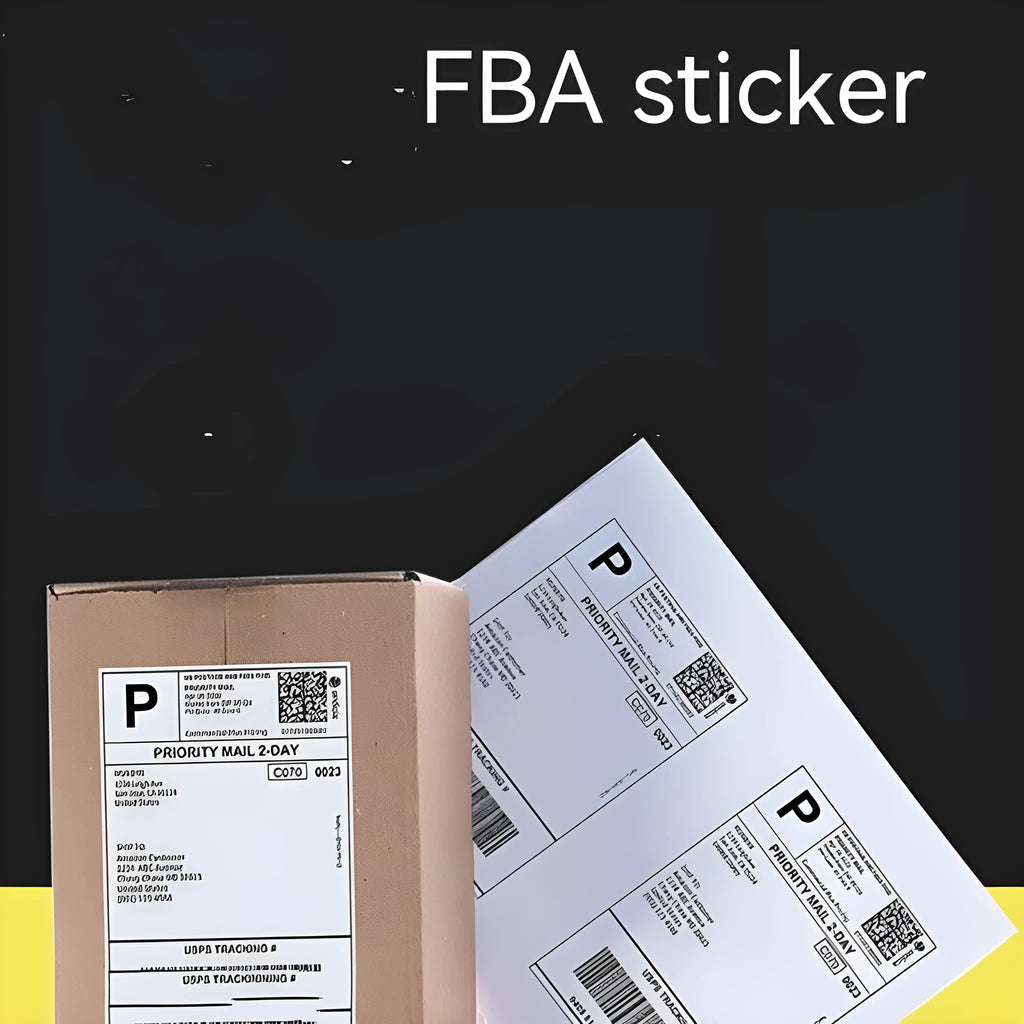 Pack of blank A4 FBA label paper sheets showing different grid cut options for barcode printing.