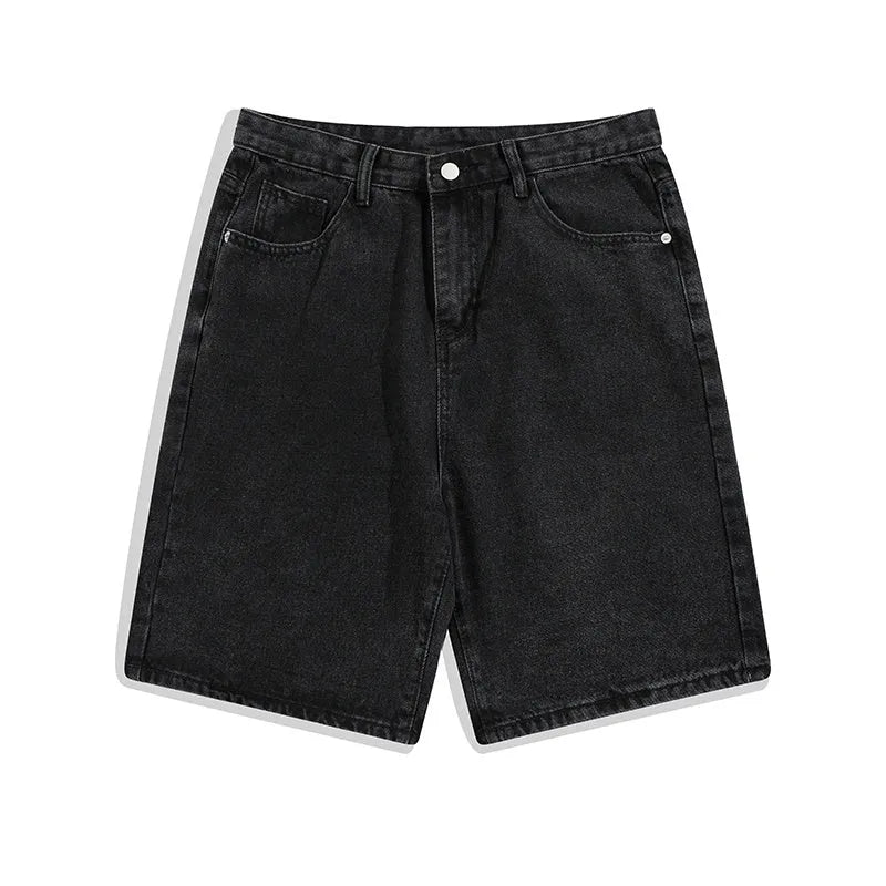 Men's straight-leg denim shorts in light blue colour showing five-point design and zipper fly opening