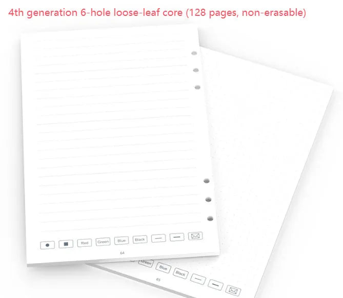 Loose spiral notebook replacement core with 64 pages of paper and set of nine pen refills