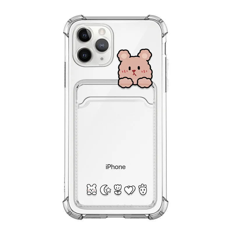 Cartoon design transparent iPhone case with built-in card holder slot on the back.