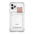 Transparent iPhone case with cartoon design and built-in card holder slot on the back.