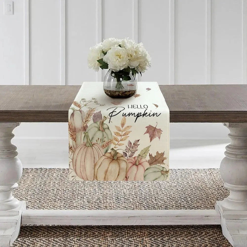 Beige polyester table runner, 33 x 183cm, with floral grass and leaf pattern for Thanksgiving table decoration