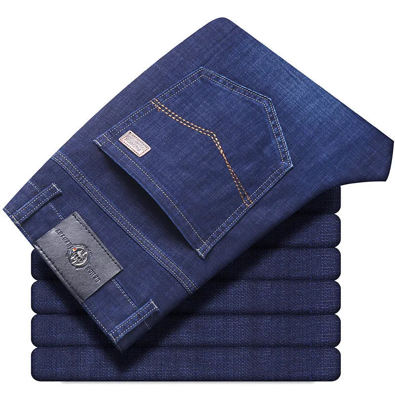Loose fit straight-leg stretch jeans in black and blue denim colours on a hanger