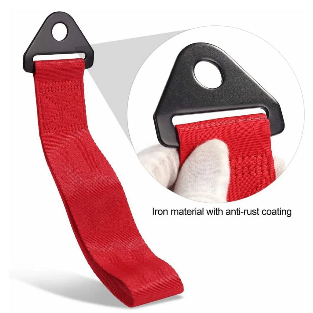 Red automotive trailer rope with ABS plastic connectors on a car bumper.