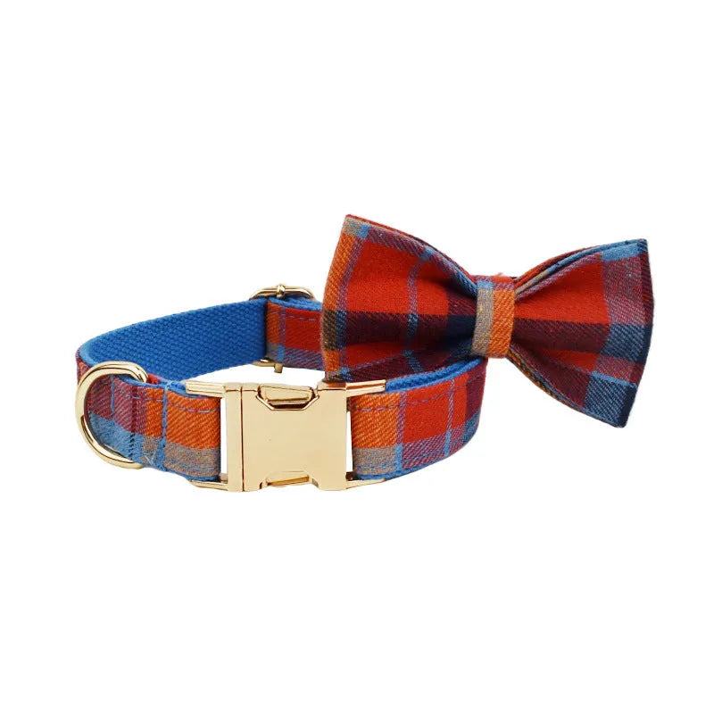 Blue background velvet plaid dog collar with matching hand-holding rope and optional bow accessory