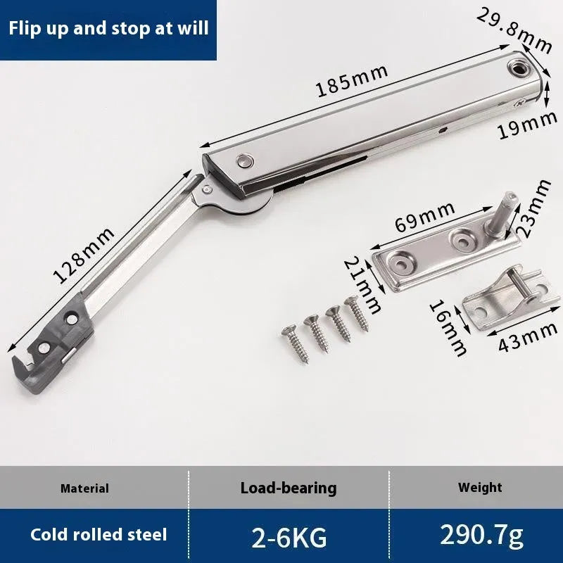 Cold rolled steel cabinet door support rod with spring mechanism for flap-up doors.