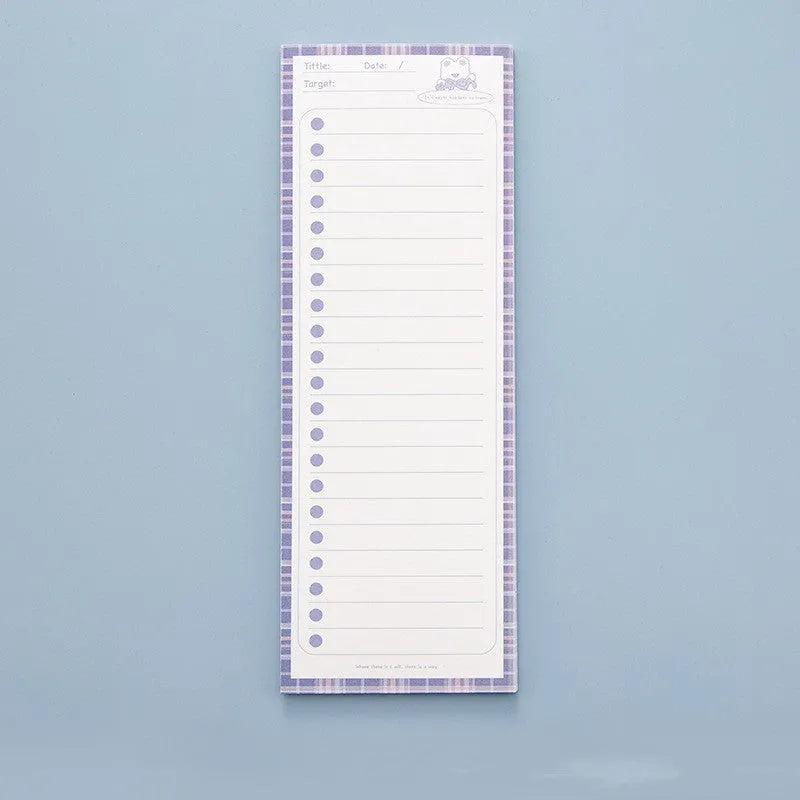 Simple Ins plastic cartoon notebook in blue, showing tall 90mm by 248mm size and double tape paper cover.
