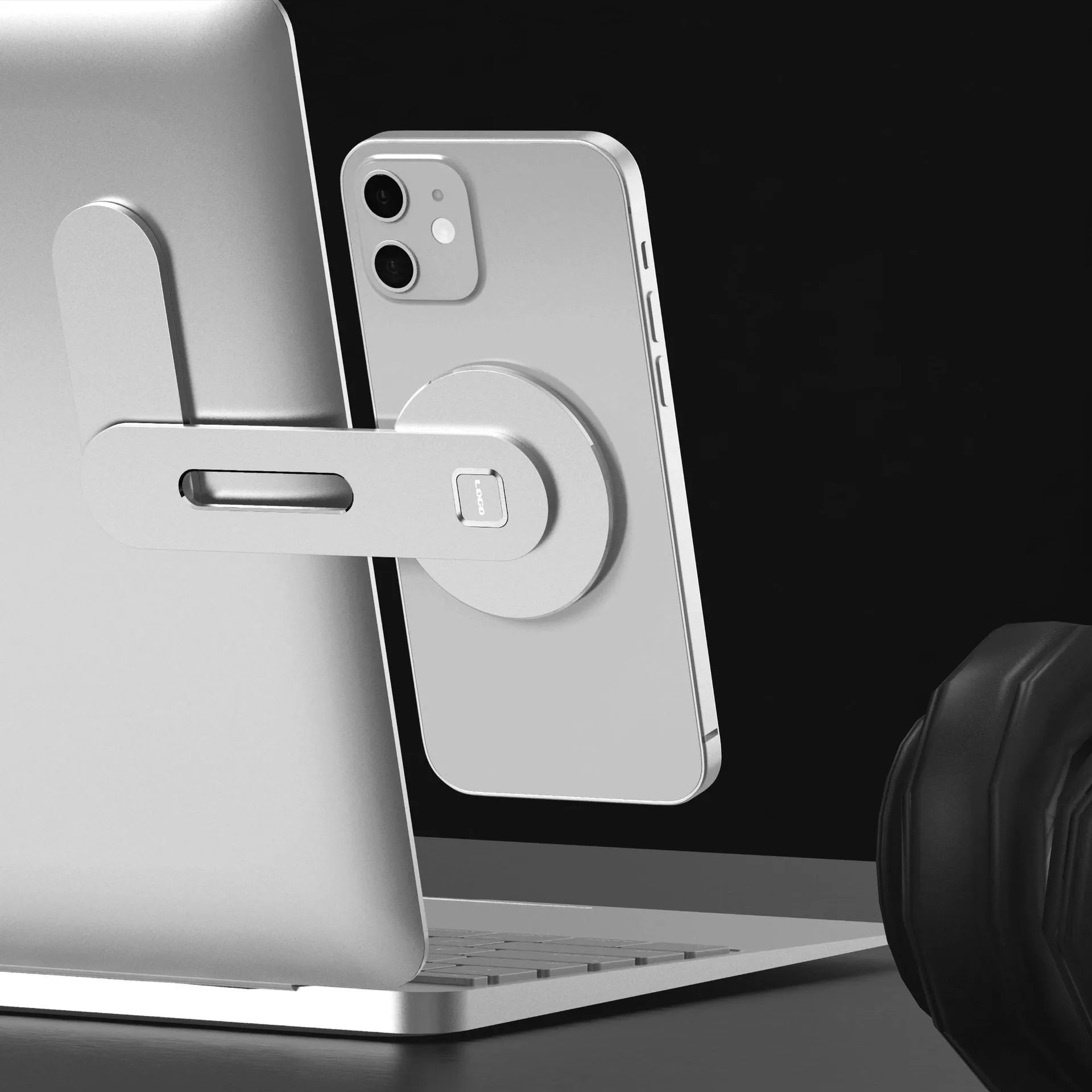 Aluminium alloy magnetic desktop bracket for Apple 12 notebook computers showing dimensions and colour options