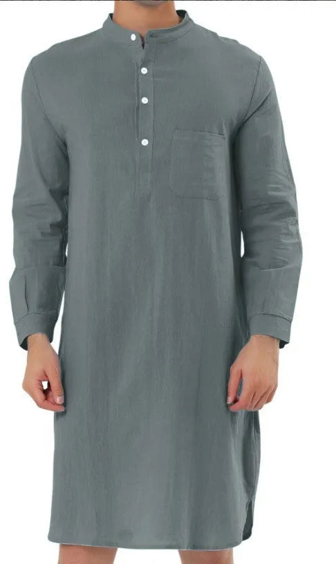 Men's cotton shirt robe with a front button closure and pockets, shown in a light blue colour.