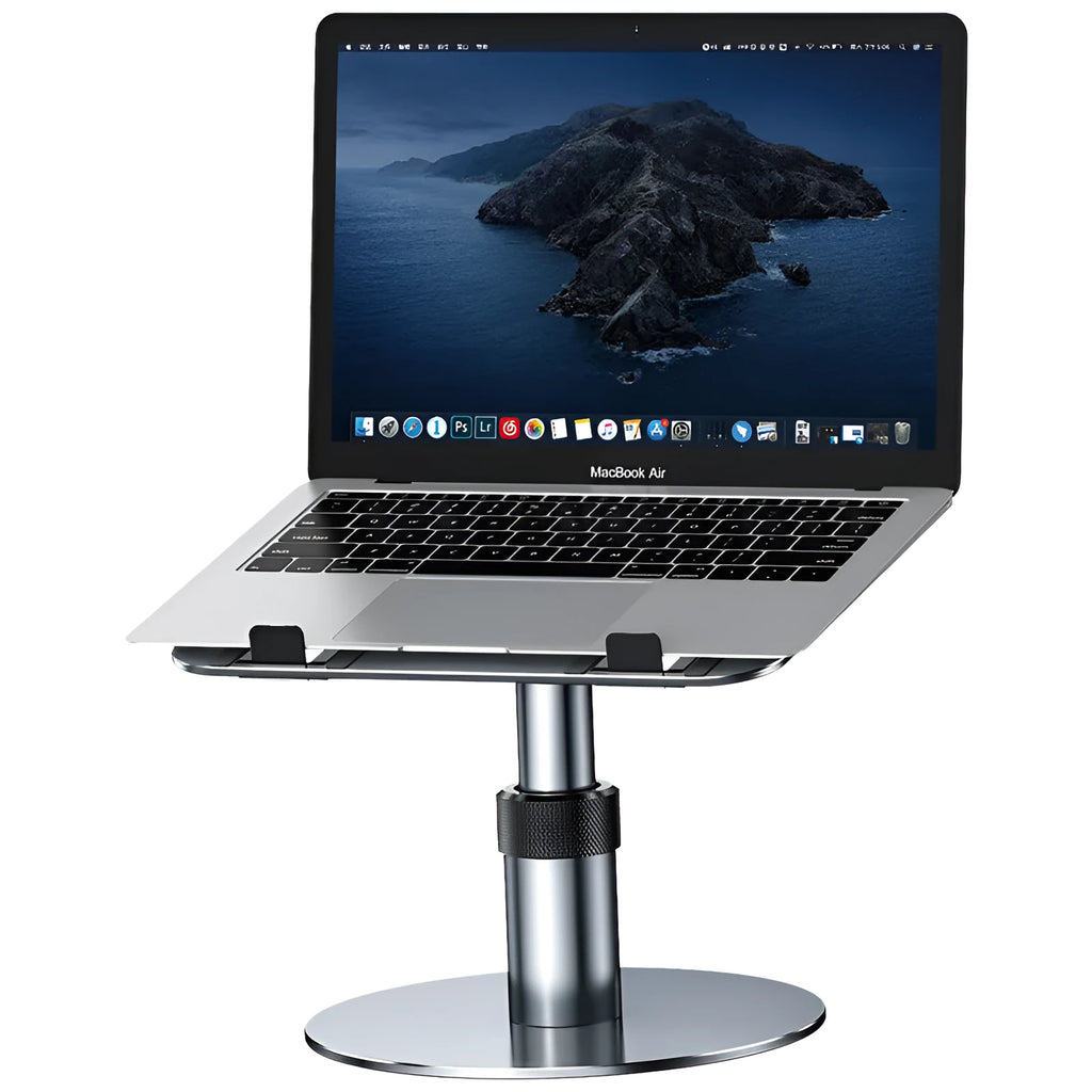 Aluminium car laptop stand showing height adjustment and 360-degree rotation in space grey colour