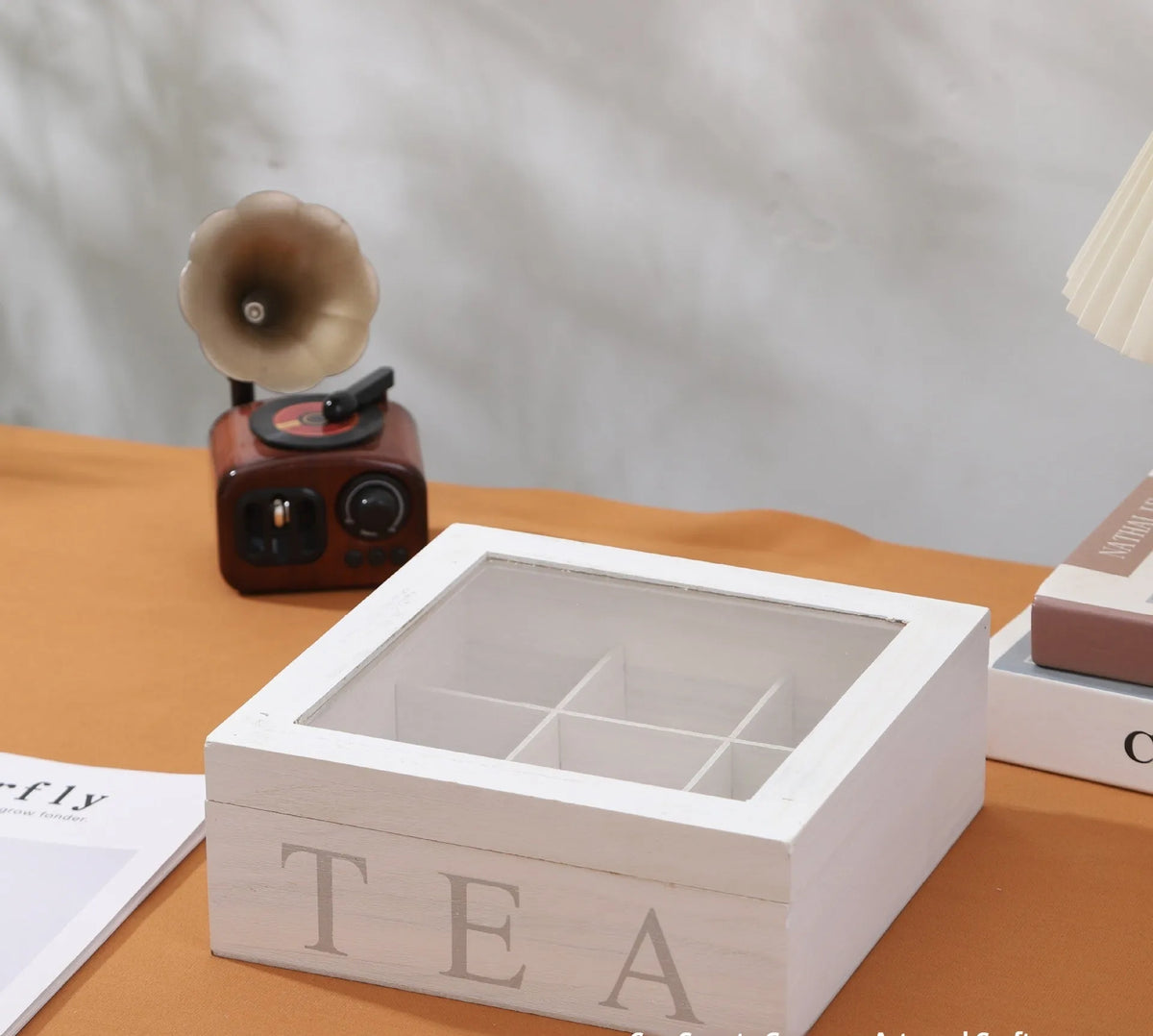 White wooden multi-grid storage box with transparent cover, 23 x 23 x 10 cm, for coffee pods and desktop organisation