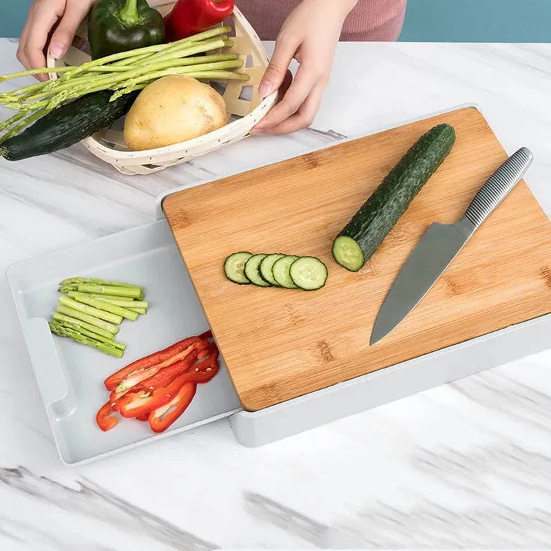 Large square bamboo cutting board 32.5cm x 24.5cm x 4.8cm on kitchen counter