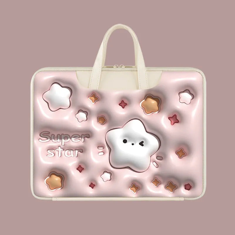 Inflatable laptop bag with strap hanging from suitcase handle, PU leather interior.