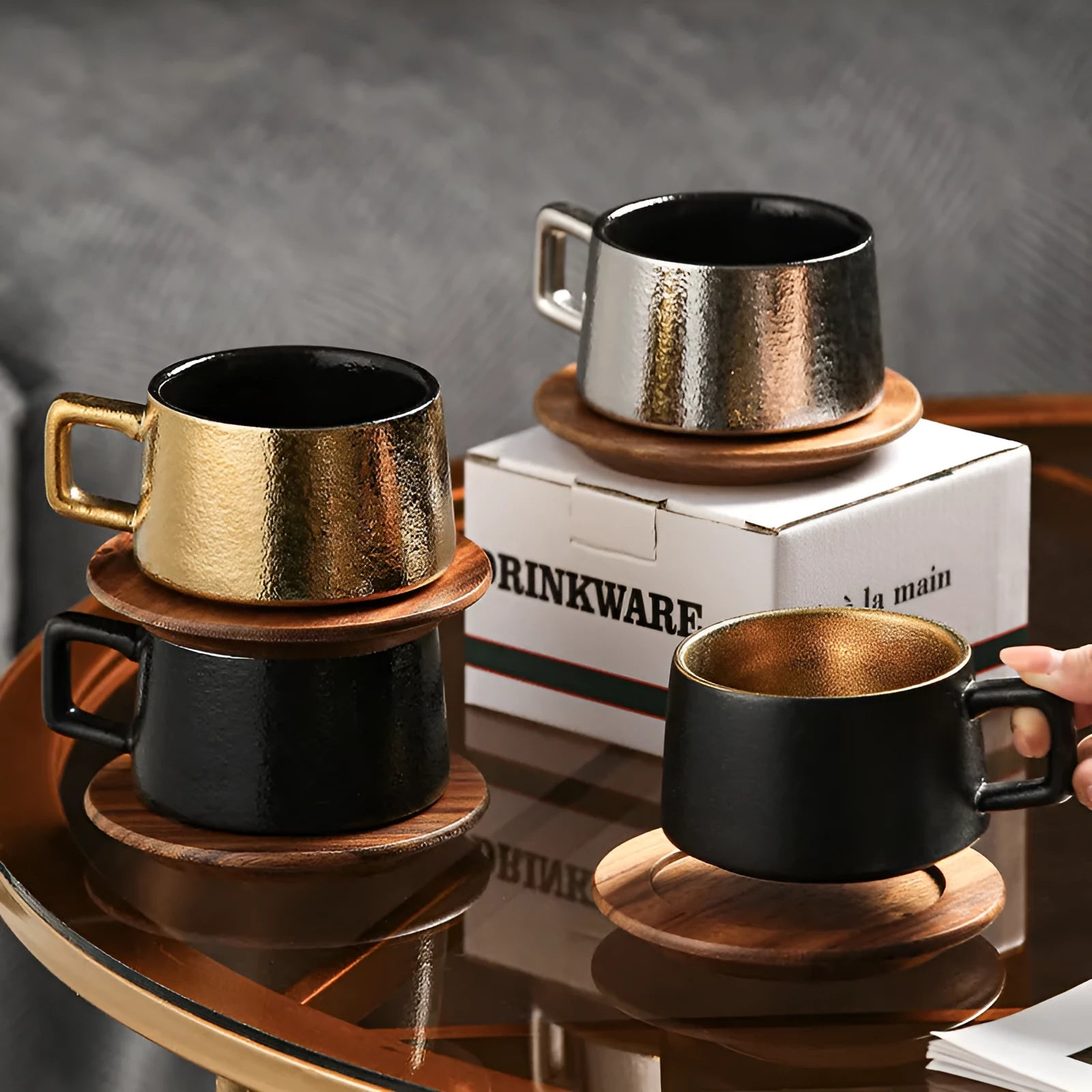 Office gift set with ceramic tumbler in gold plated gift box with optional bag