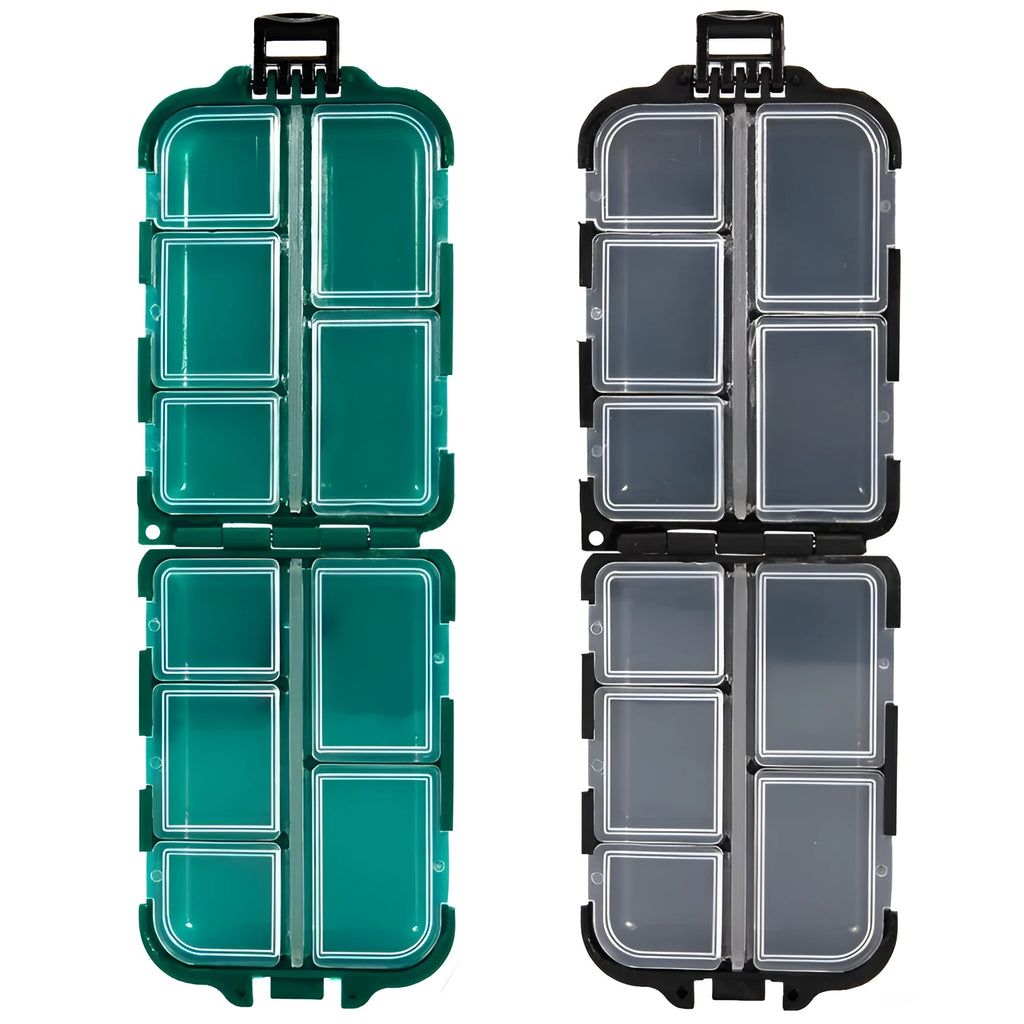 Compact PVC fishing lure storage box in green, 9.9×6.5×3cm, with transparent lid and buckle closure