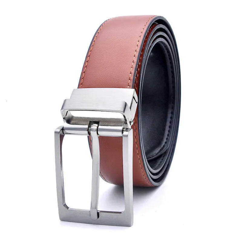 Men's dark brown and black genuine leather belt with a silver rotating pin buckle on a white background.