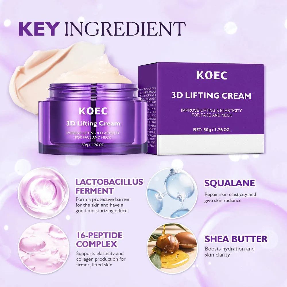 KOEC 3D Lifting Cream 50g moisturiser in white tub for firming and hydrating face and neck skin