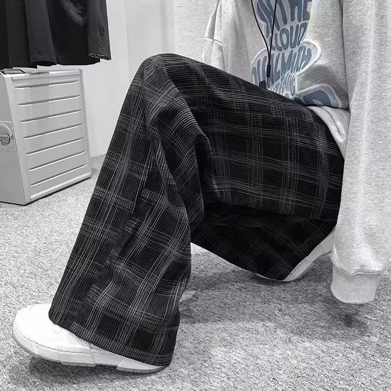 Men's black and green plaid loose fit straight leg casual trousers