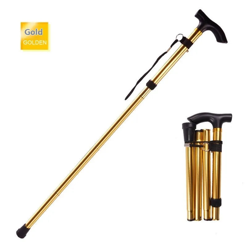 Aluminium folding walking stick extended to show adjustable shaft and non-slip rubber tip.