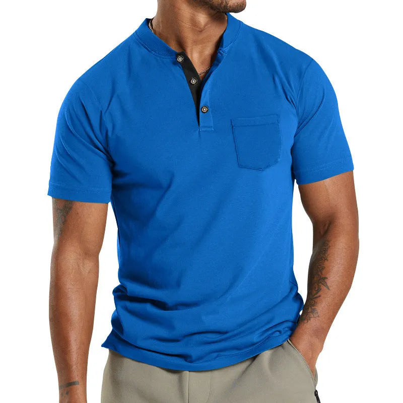 Men's plus size solid colour short sleeve polyester shirt with a button pocket on the chest.