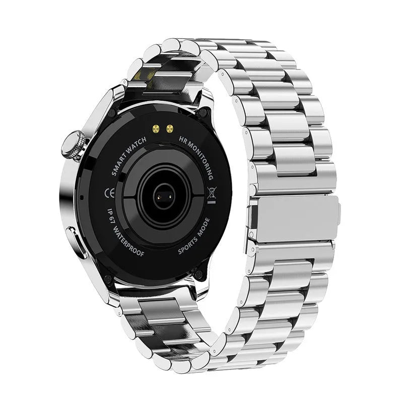 Smart watch with round colour touch screen on a wrist, showing heart rate and call interface.