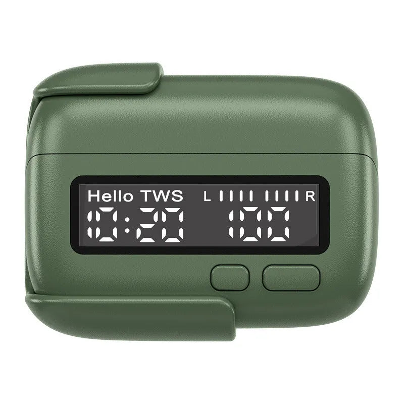 Portable wireless Bluetooth headset with digital display clock in Yuan Ye Green, 1990 Orange or Space Gray, PC ABS earplug style
