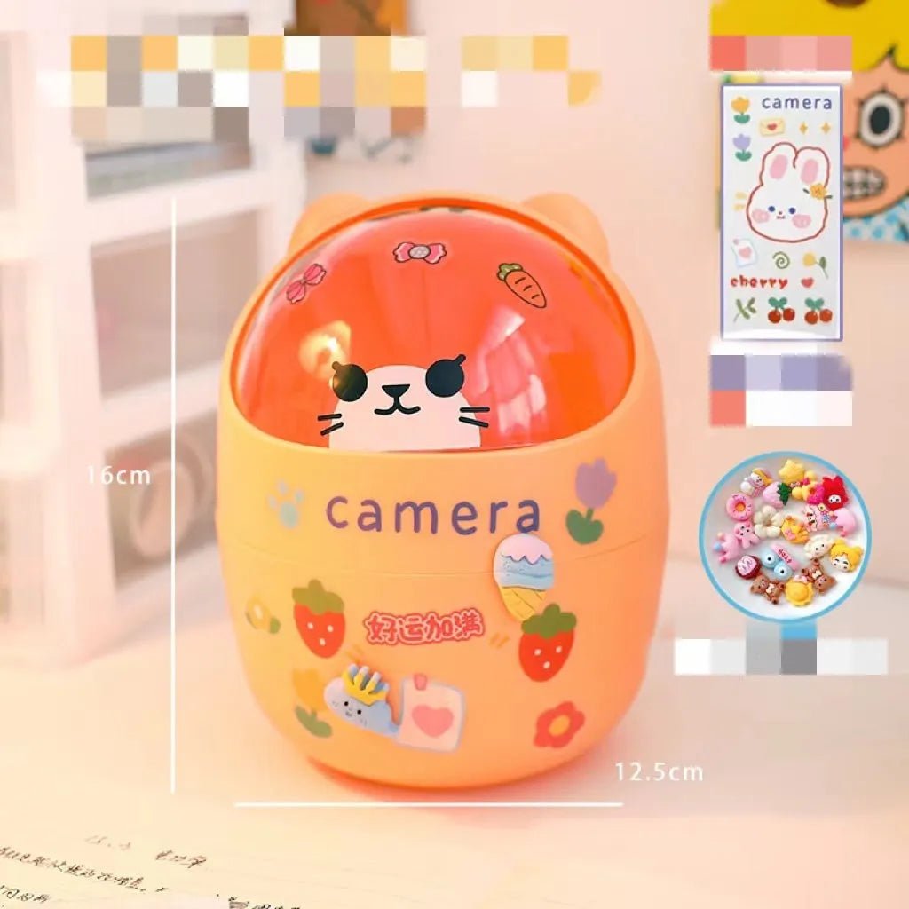 Plastic mini bear shaped desktop trash can with press-type lid in beige gray, includes stickers and garbage bags
