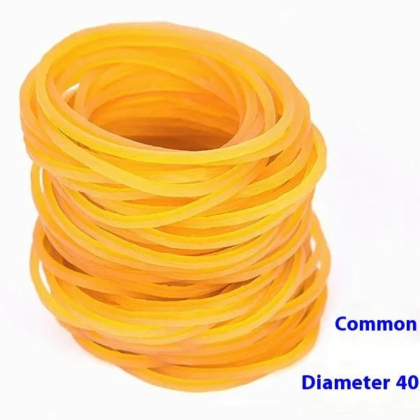 500g bag of assorted yellow rubber bands showing multiple diameters from 16mm to 70mm