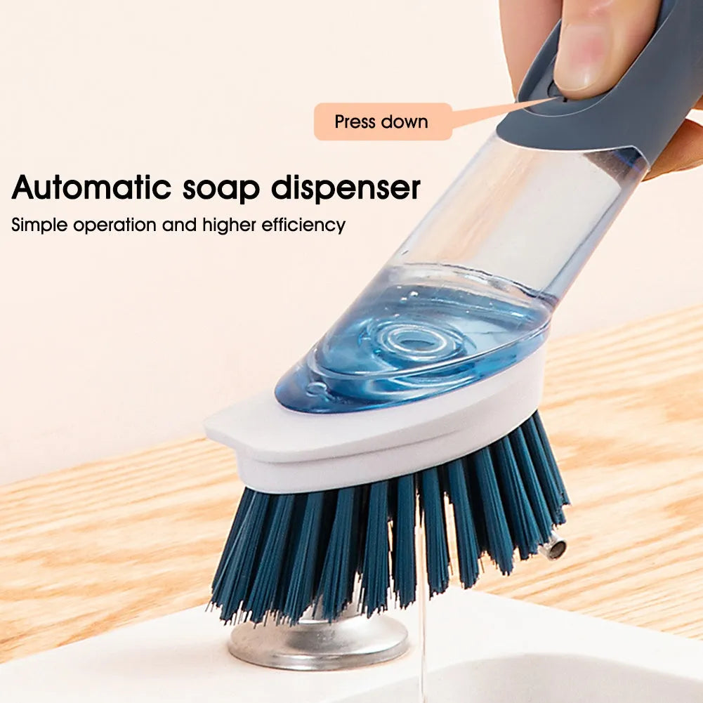 Multifunctional kitchen cleaning brush with built-in soap dispenser and long handle